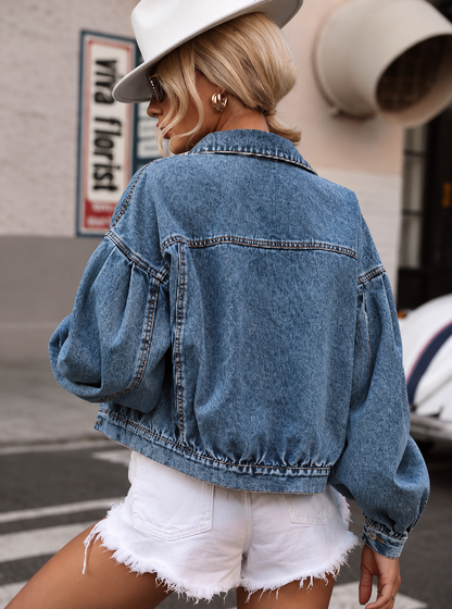 Collared Neck Dropped Shoulder Denim Top