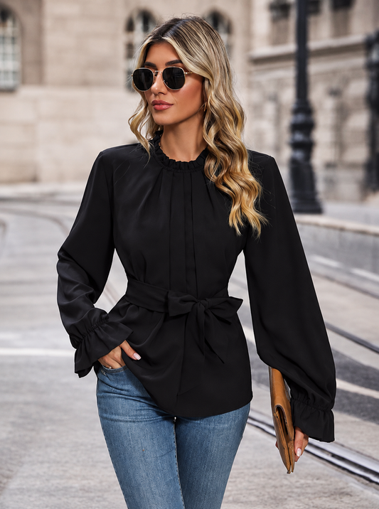 Perfee Round Neck Tie Waist Long Sleeve Blouse