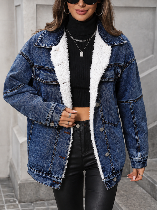Sherpa-Lined Button Up Denim Jacket