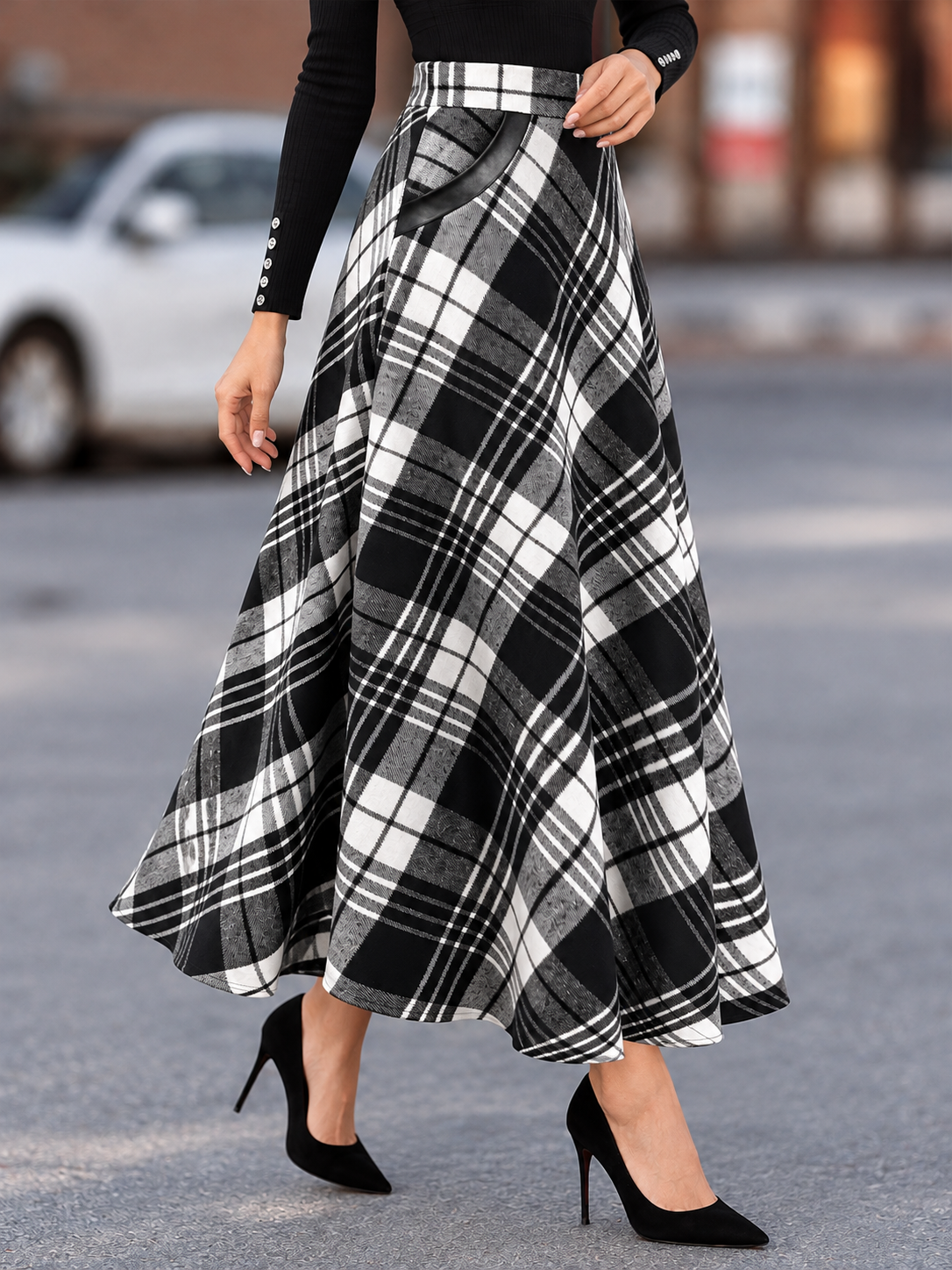 Plaid A-Line Midi Skirt with Pockets