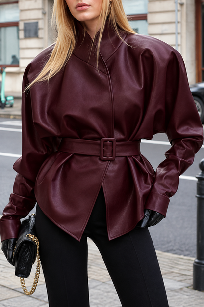 Stand Collar Belted Faux Leather Jacket