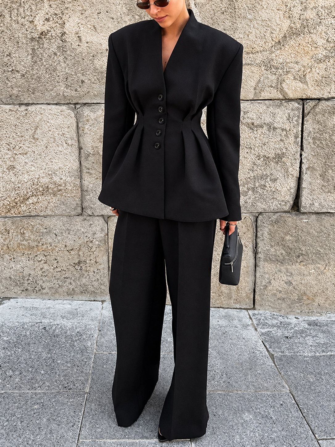 Chic Button Down Pleated Blazer and Wide-Leg Pants Suit Set