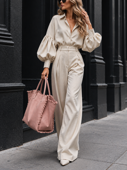 Lantern Sleeve Shirt and Wide Leg Pants Set