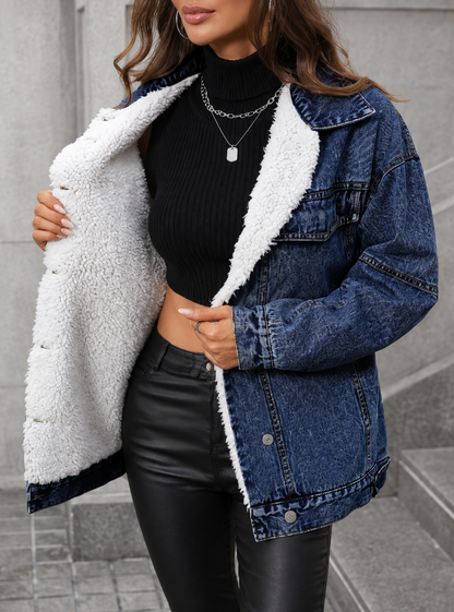 Sherpa-Lined Button Up Denim Jacket