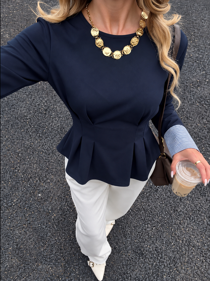 Round Neck Peplum Top with Striped Cuffs