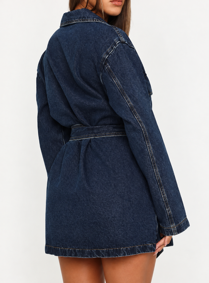 Long Sleeve Longline Denim Jacket with Belt