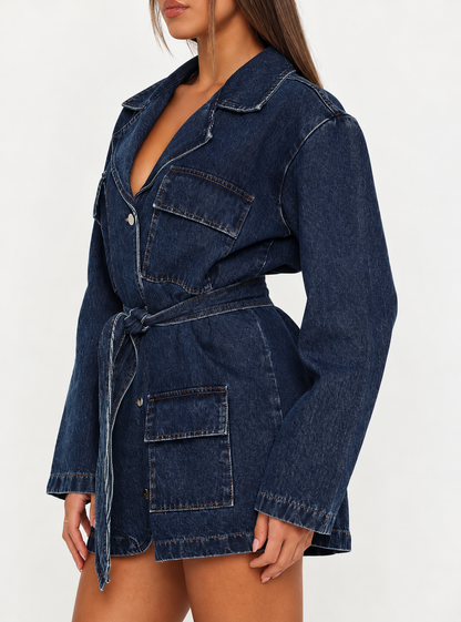Long Sleeve Longline Denim Jacket with Belt