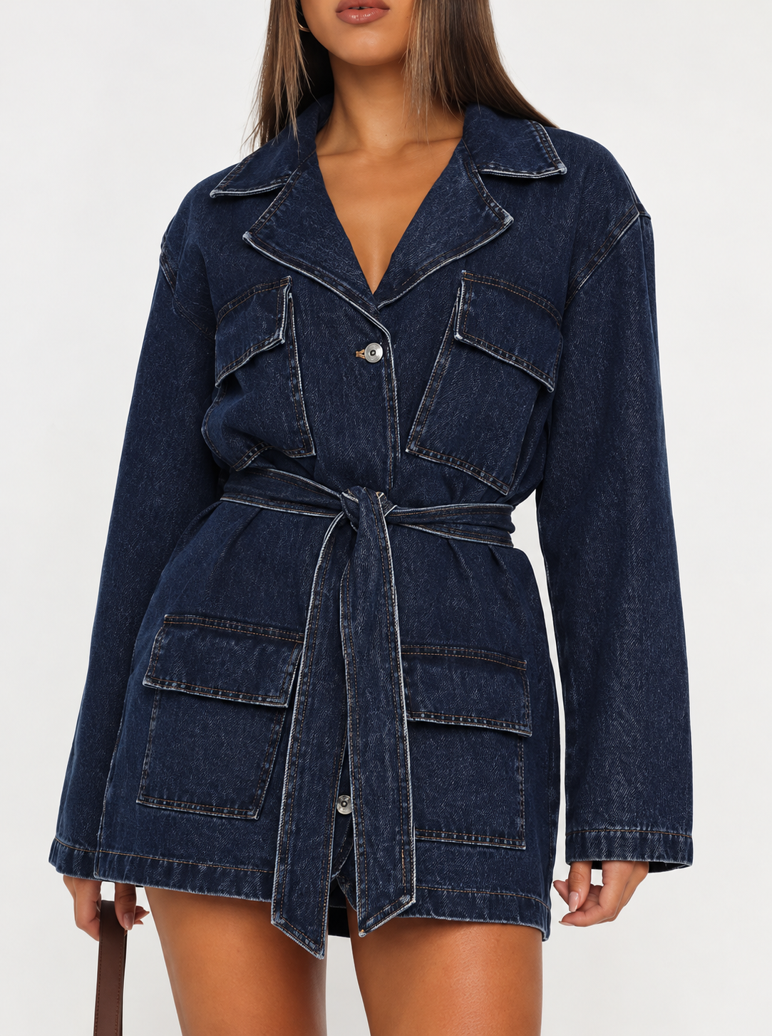 Long Sleeve Longline Denim Jacket with Belt