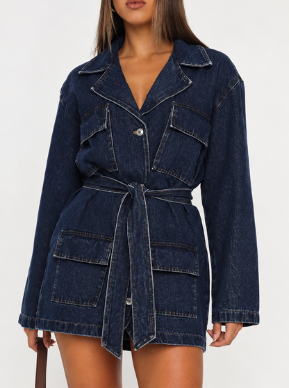 Long Sleeve Longline Denim Jacket with Belt