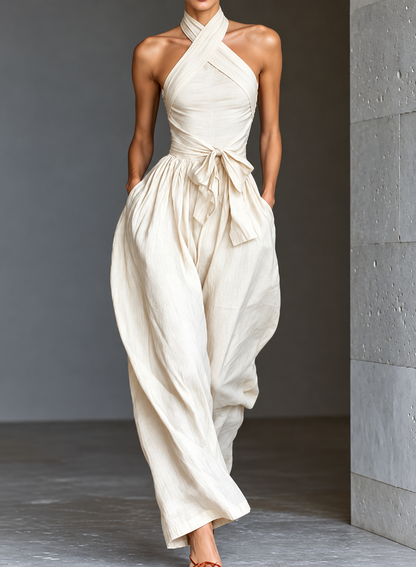Halter Neck Wide-Leg Jumpsuit with Waist-Tie Detail