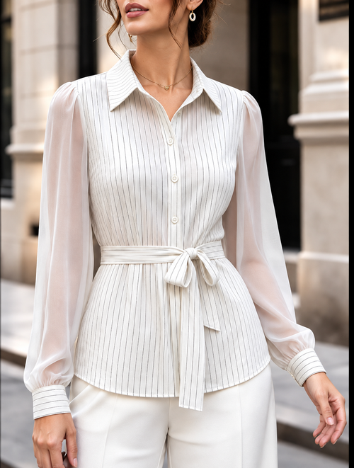 Striped Tie Waist Long Sleeve Shirt