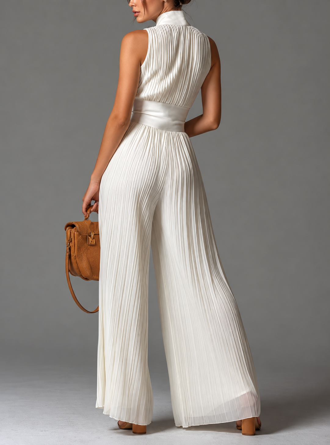 Sleeveless Pleated Jumpsuit with Front Zipper
