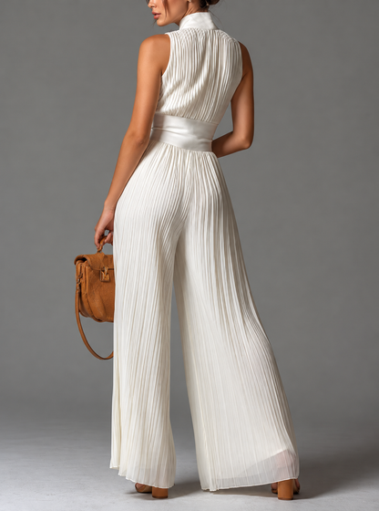 Sleeveless Pleated Jumpsuit with Front Zipper