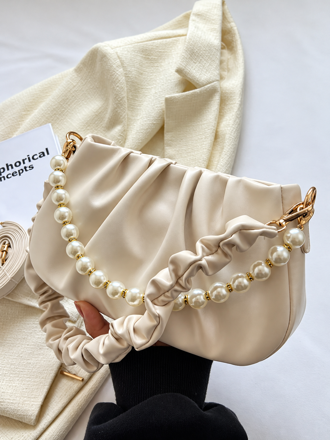 Ruched Shoulder Bag with Pearl Embellishment