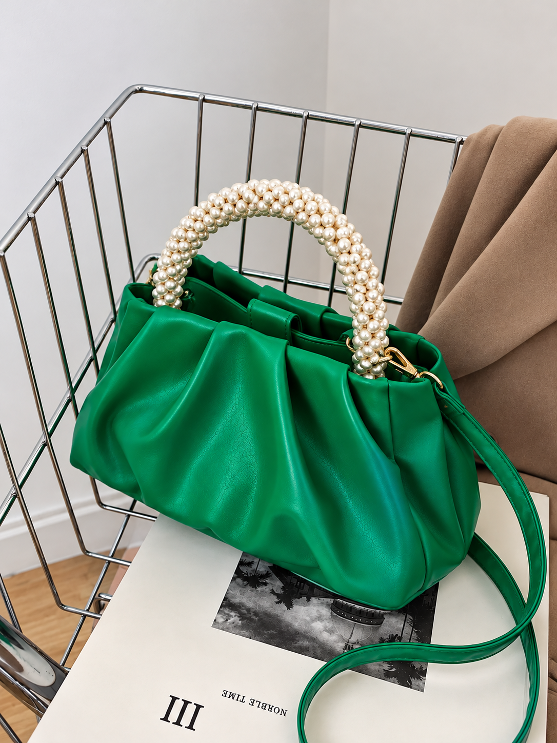 Pearl Handle Ruched Crossbody Bag