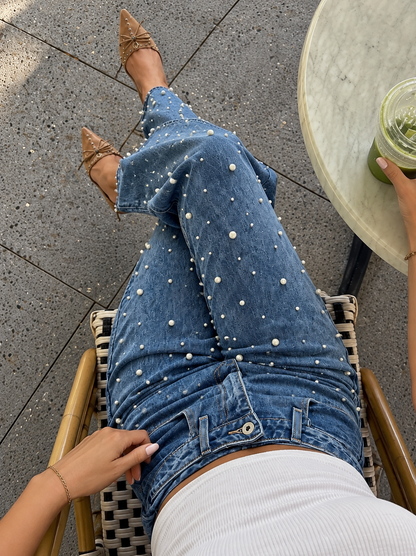 Pearl Embellished High Waist Straight Leg Jeans