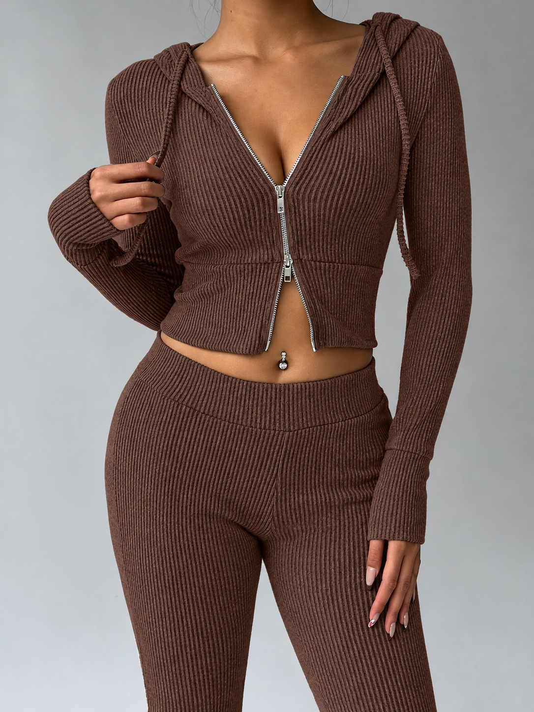 Ribbed Knit Zip-Up Hooded Top and Flared Pants Set