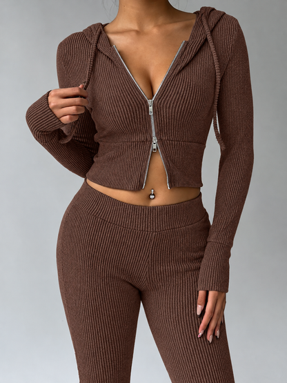 Ribbed Knit Zip-Up Hooded Top and Flared Pants Set