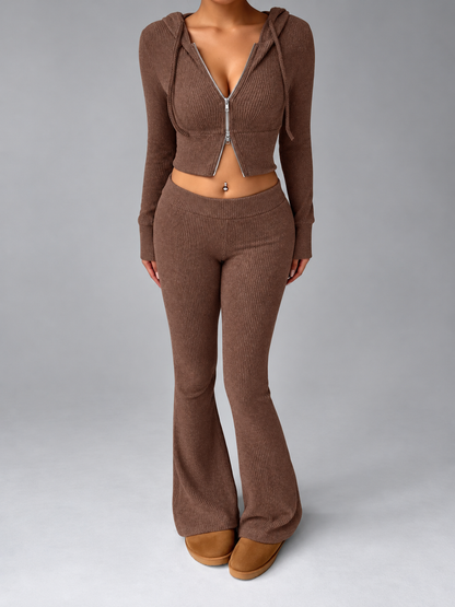 Ribbed Knit Zip-Up Hooded Top and Flared Pants Set
