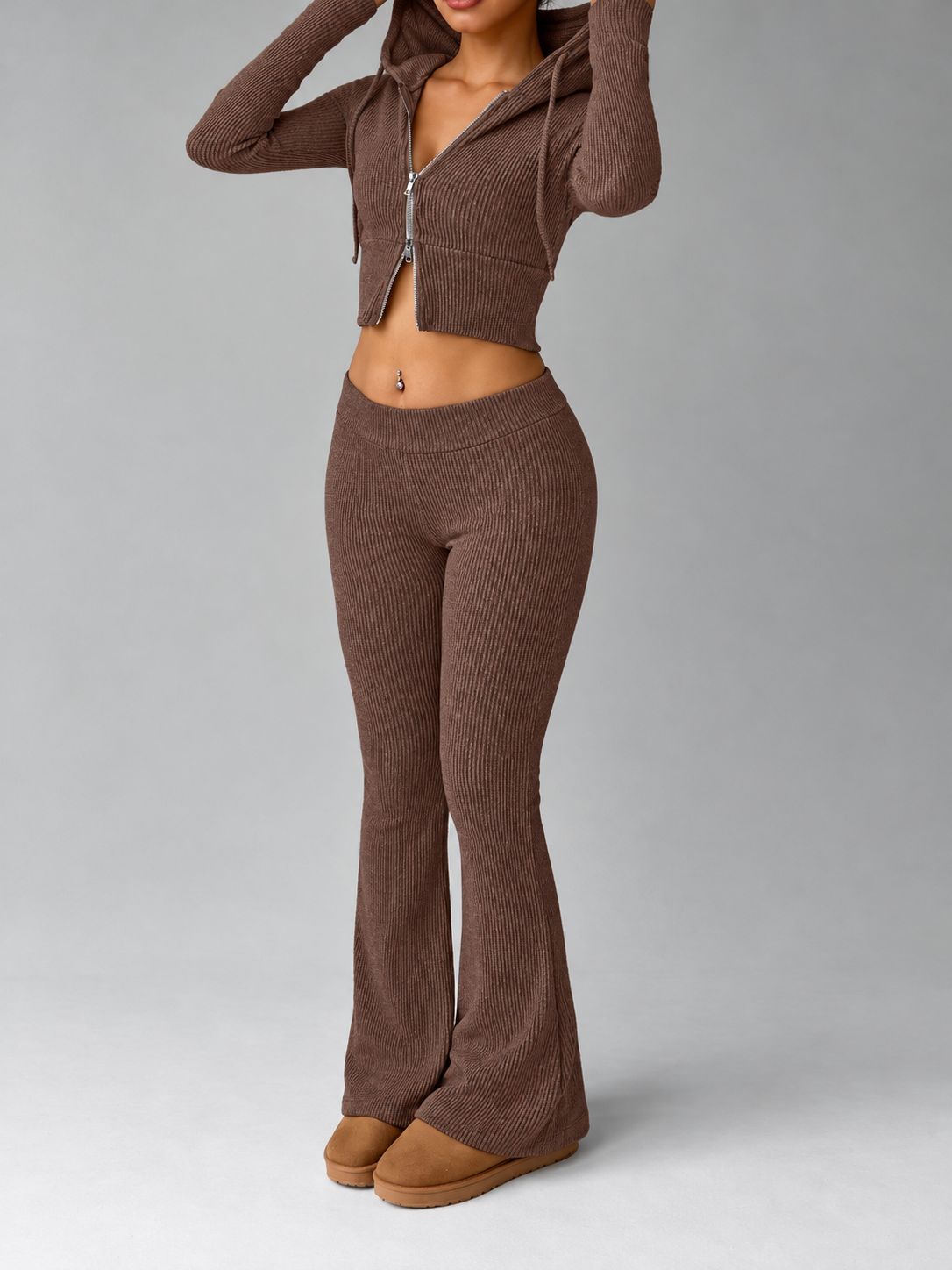 Ribbed Knit Zip-Up Hooded Top and Flared Pants Set