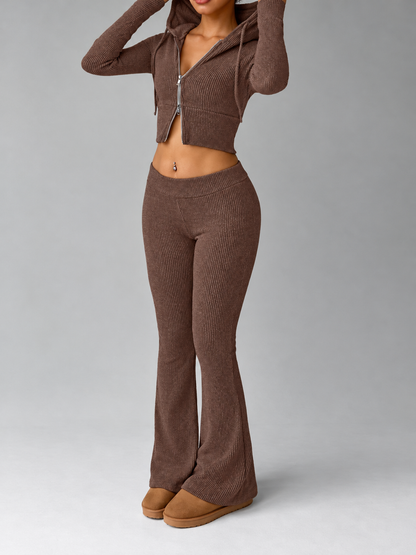 Ribbed Knit Zip-Up Hooded Top and Flared Pants Set