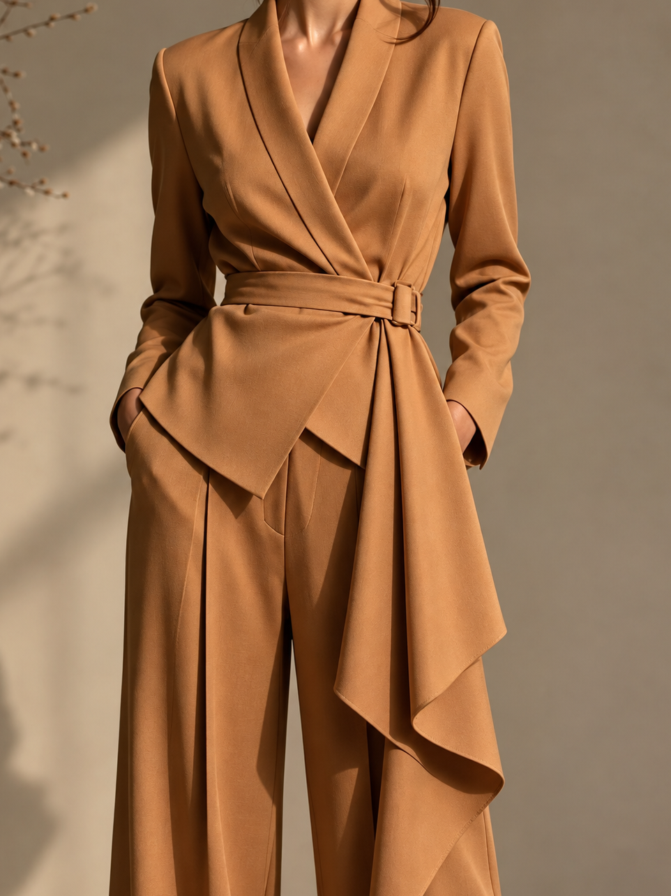 Full Size Belted Blazer and Wide-Leg Pants Set (Plus Size inculuded)