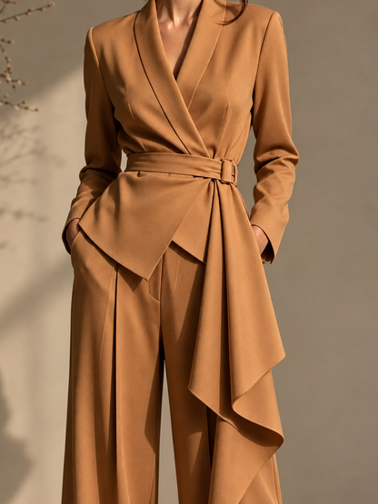 Full Size Belted Blazer and Wide-Leg Pants Set (Plus Size inculuded)