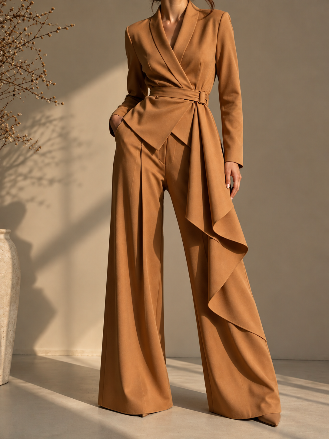 Full Size Belted Blazer and Wide-Leg Pants Set (Plus Size inculuded)