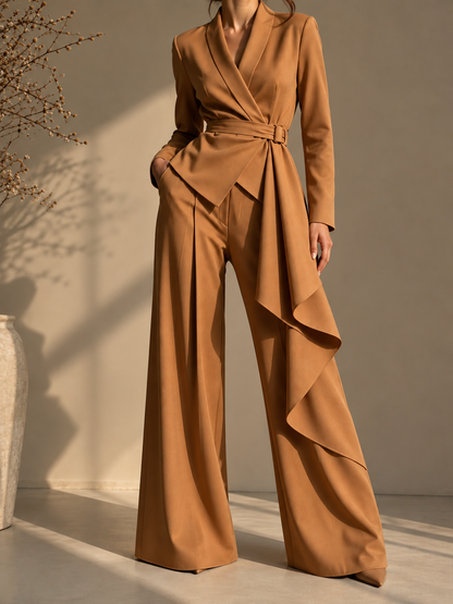 Full Size Belted Blazer and Wide-Leg Pants Set (Plus Size inculuded)