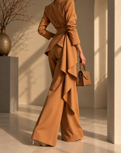 Full Size Belted Blazer and Wide-Leg Pants Set (Plus Size inculuded)
