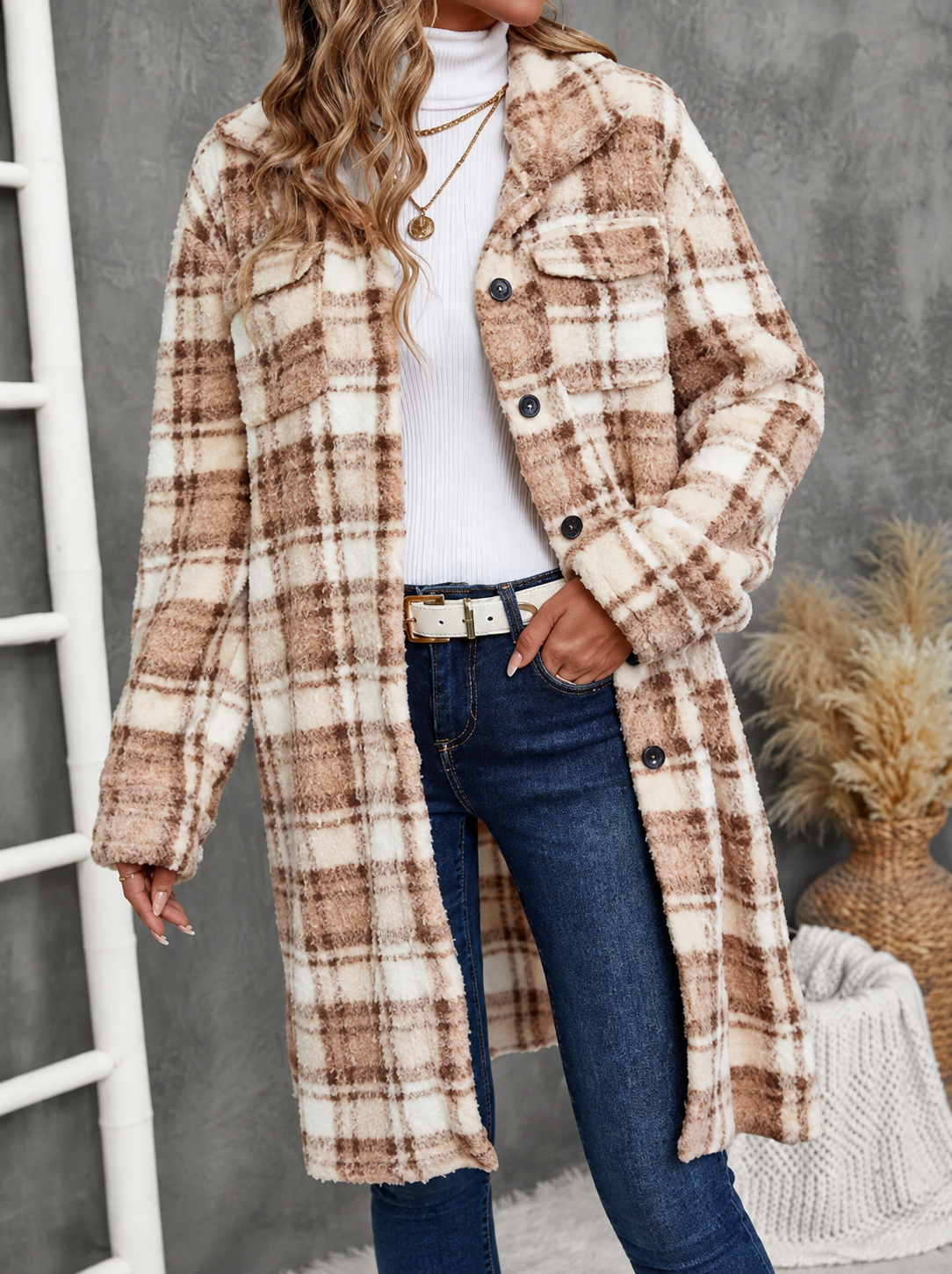Plaid Fleece Button Up Longline Outerwear