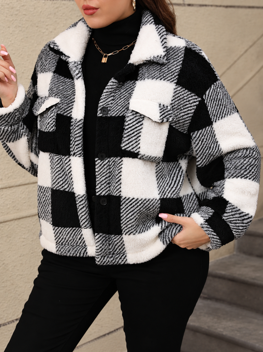 Plus Size Pocketed Plaid Collared Neck Jacket