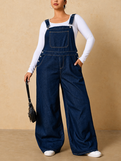 Plus Size Adjustable Strap Wide-Leg Denim Overalls