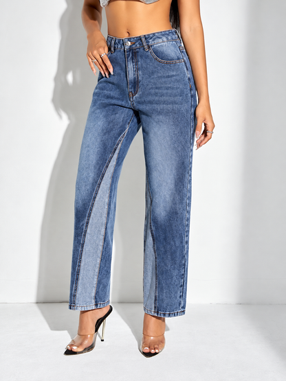 Contrast Patchwork Straight Jeans with Pockets