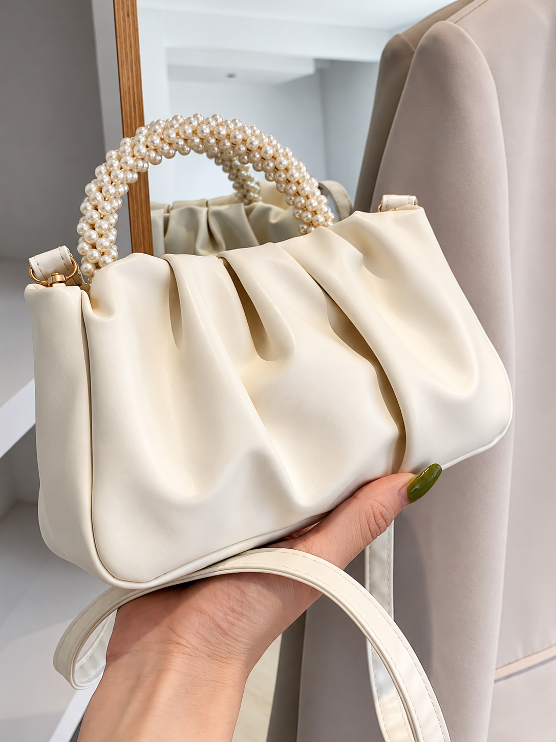 Pearl Handle Ruched Crossbody Bag