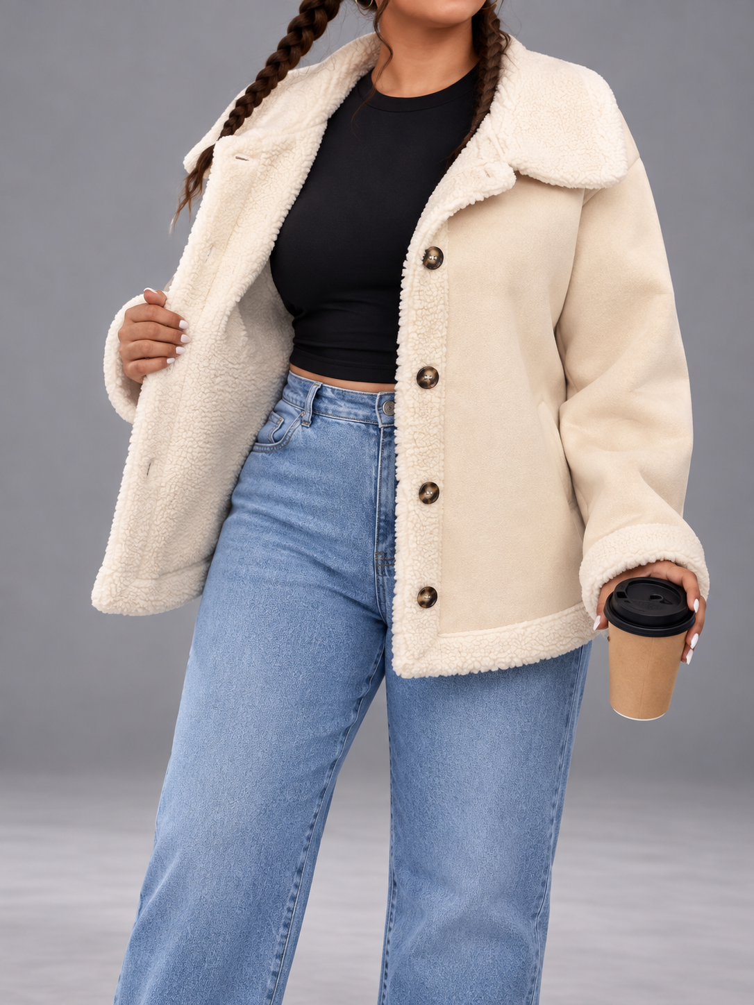 Plus Size Fleece Button-Down Outerwear