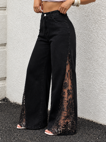 Lace Detail Wide-Leg Jeans