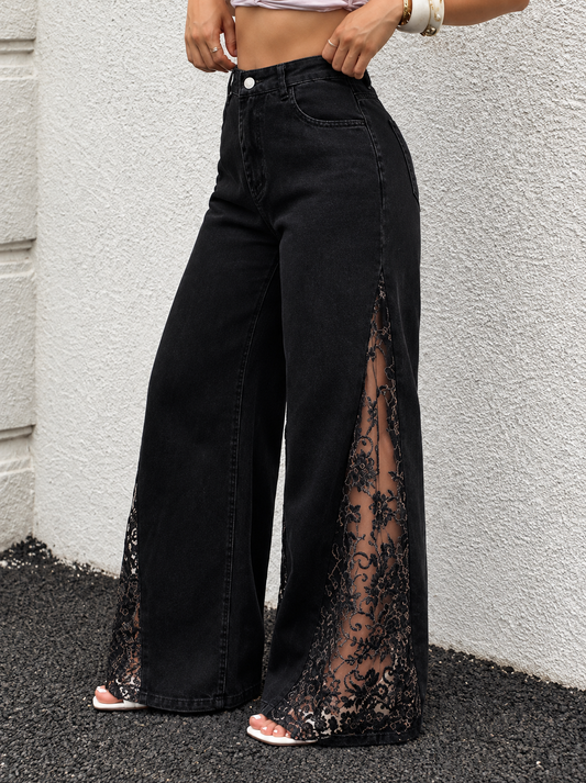 Lace Detail Wide-Leg Jeans
