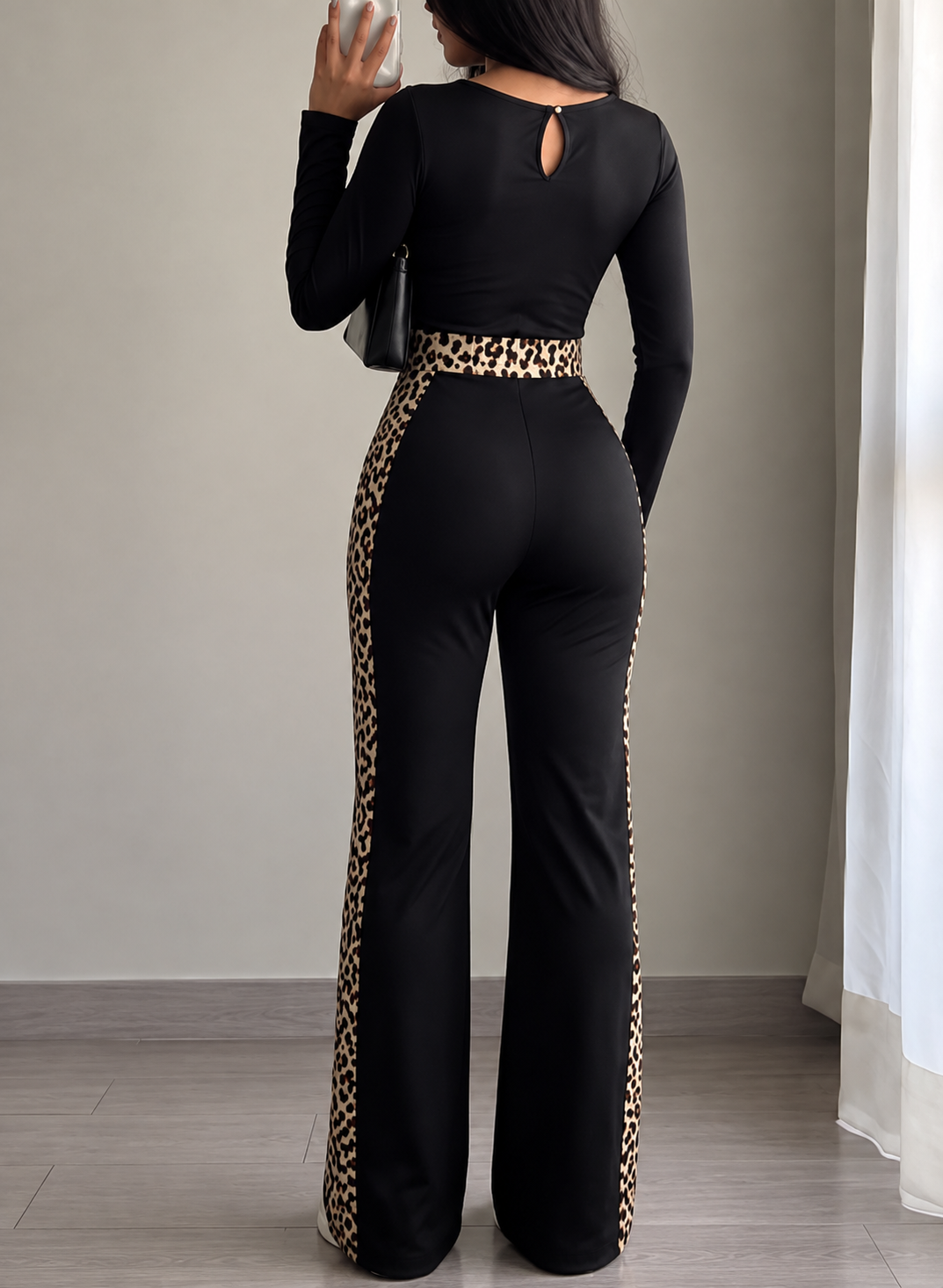 Leopard Trim Long Sleeve Jumpsuit
