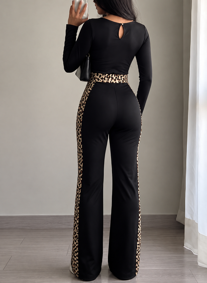 Leopard Trim Long Sleeve Jumpsuit