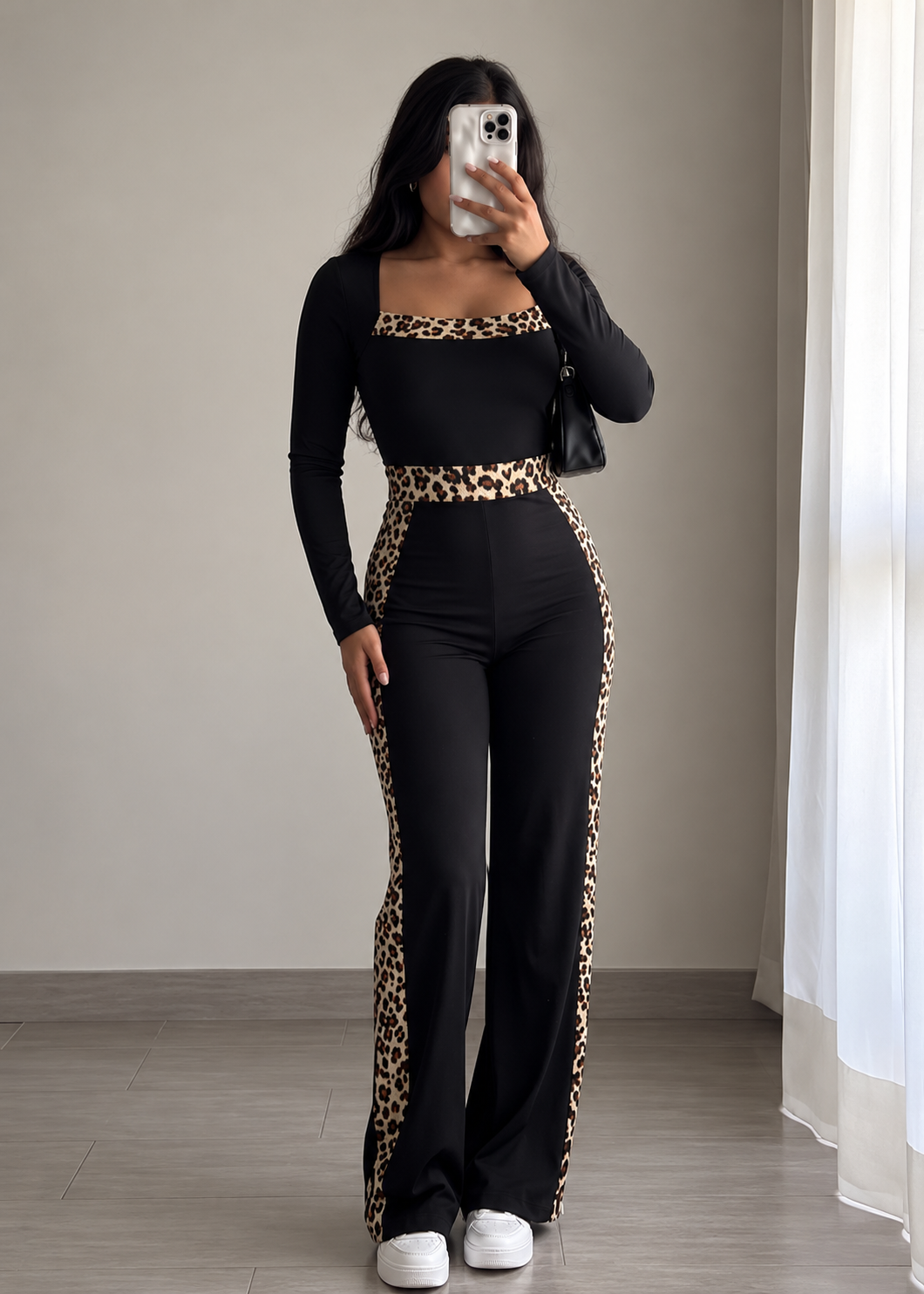 Leopard Trim Long Sleeve Jumpsuit