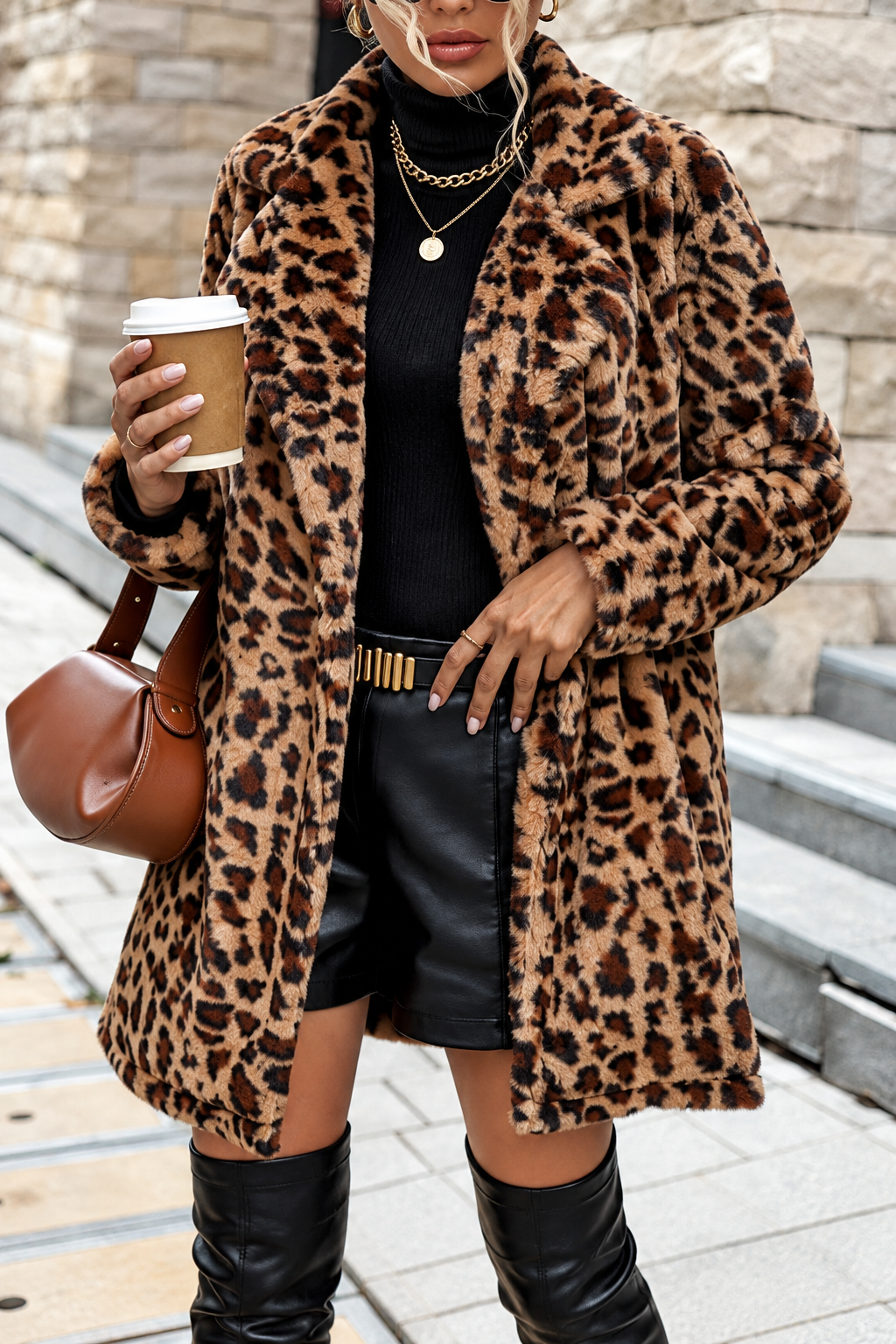 Leopard Print Faux Fur Longline Coat
