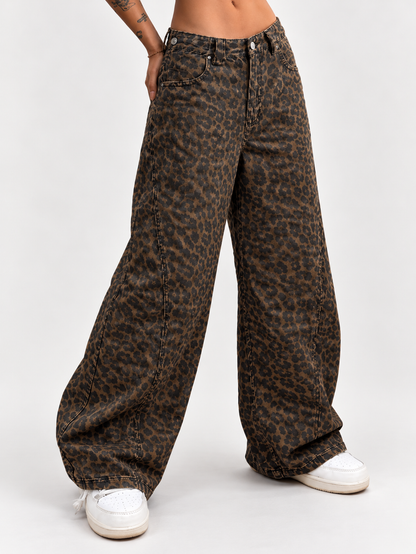 High-Waisted Leopard Wide-Leg Jeans