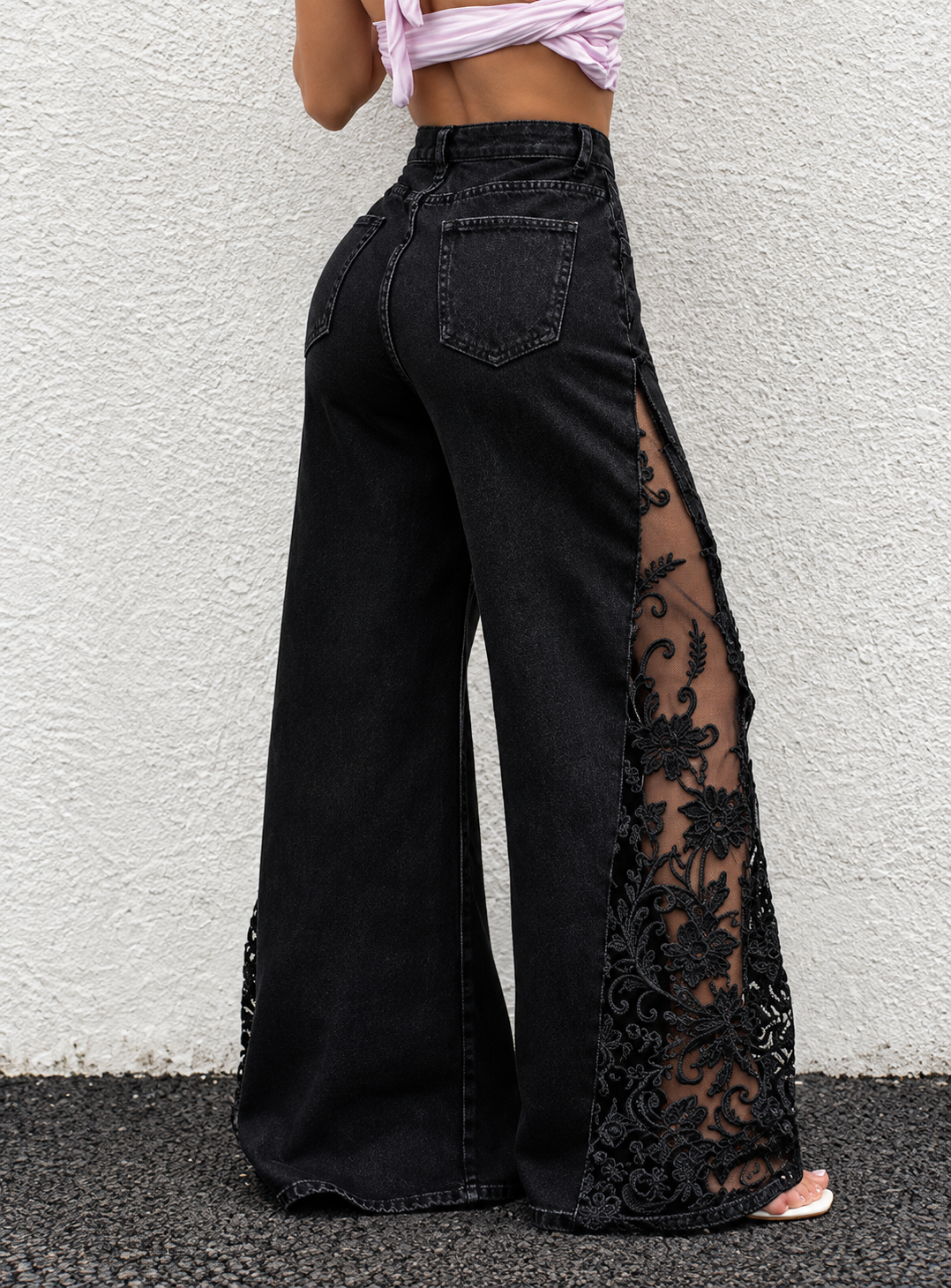 Lace Detail Wide-Leg Jeans