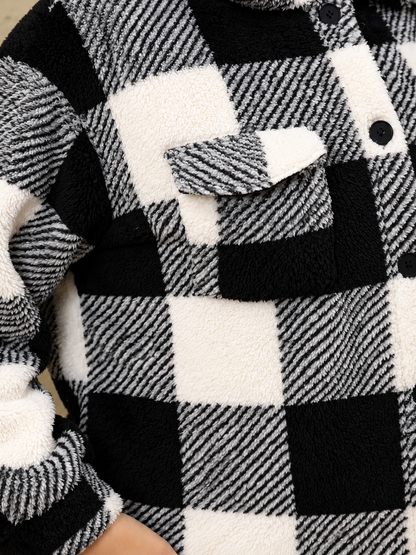 Plus Size Pocketed Plaid Collared Neck Jacket