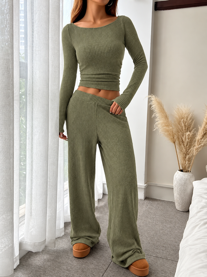 Ribbed Knit Boat Neck Top and Pants Set