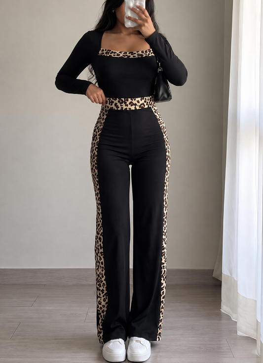 Leopard Trim Long Sleeve Jumpsuit