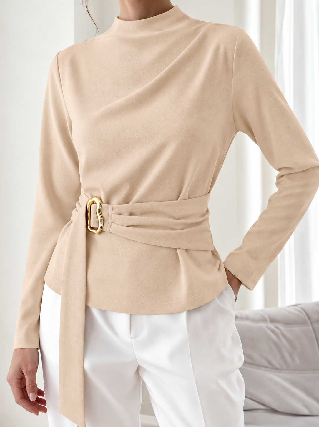 Mock Neck Blouse with Waist-Defining Metal Buckle Detail