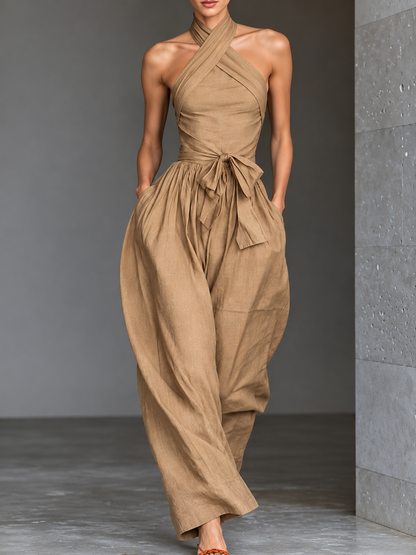 Halter Neck Wide-Leg Jumpsuit with Waist-Tie Detail