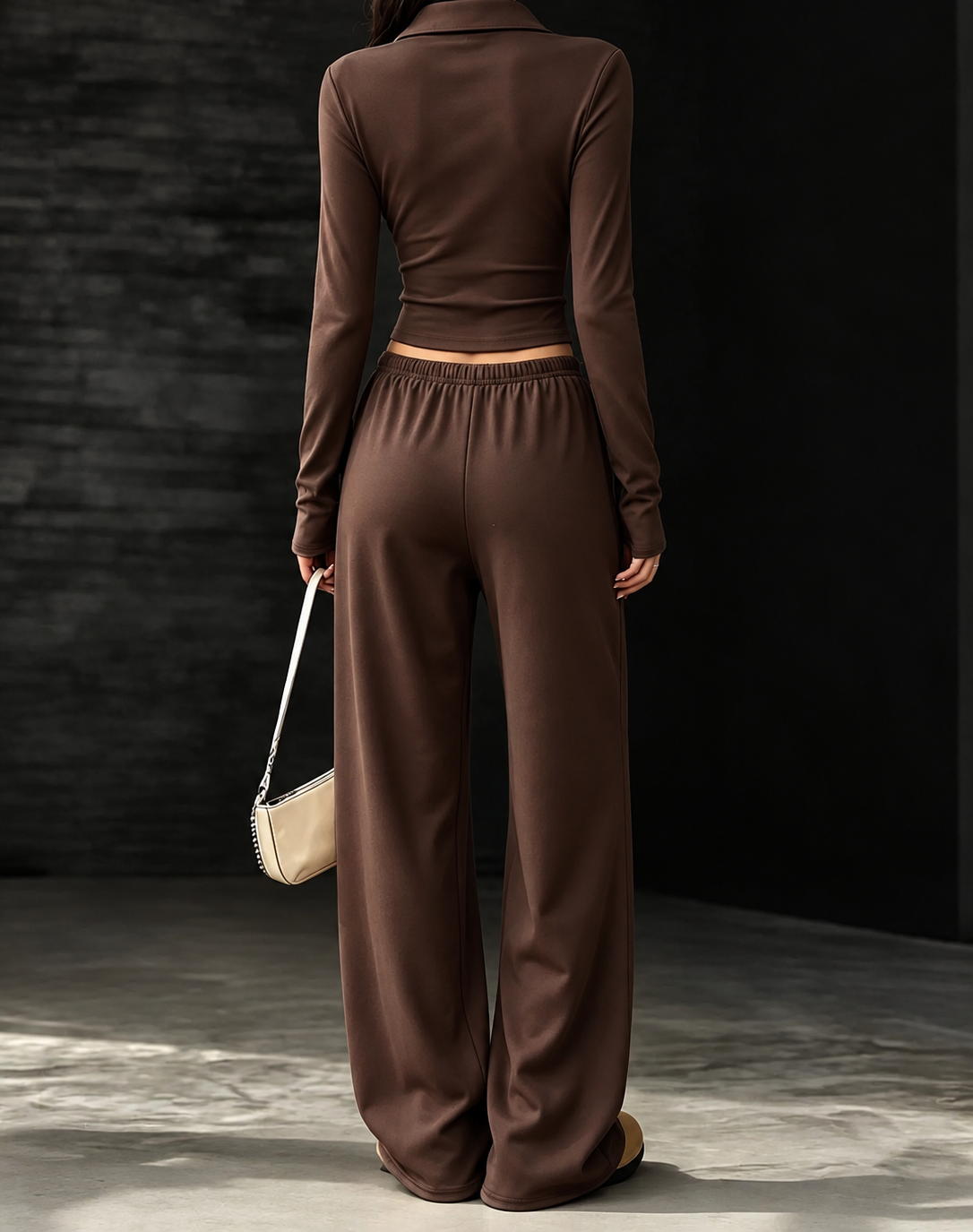 Long-Sleeve Polo Top and Wide-Leg Pants Set